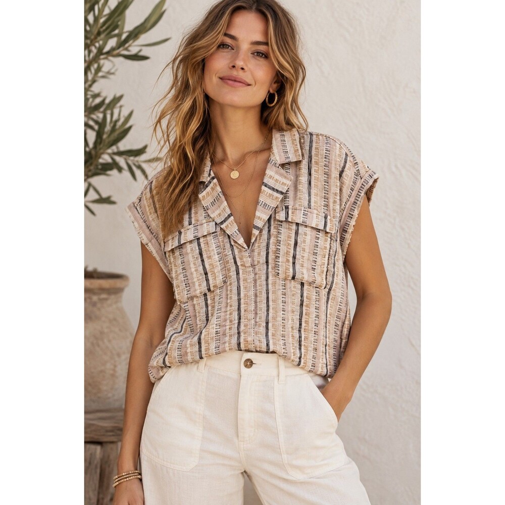 Anthropologie Women’s Cropped Striped Utility Blouse Collared V-Neck Top Size S